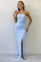 Kadın Bebe Mavi Straplez Taş işlemeli Yırtmaçlı Abiye Elbise 