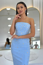 Kadın Bebe Mavi Straplez Taş işlemeli Yırtmaçlı Abiye Elbise 