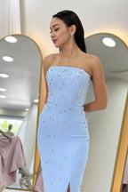 Kadın Bebe Mavi Straplez Taş işlemeli Yırtmaçlı Abiye Elbise 