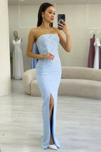 Kadın Bebe Mavi Straplez Taş işlemeli Yırtmaçlı Abiye Elbise 