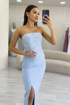 Kadın Bebe Mavi Straplez Taş işlemeli Yırtmaçlı Abiye Elbise 