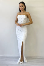 Kadın Beyaz Straplez Taş işlemeli Yırtmaçlı Abiye Elbise 