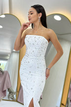 Kadın Beyaz Straplez Taş işlemeli Yırtmaçlı Abiye Elbise 