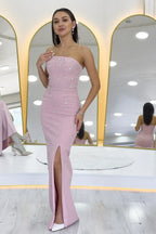 Kadın Pudra Straplez Taş işlemeli Yırtmaçlı Abiye Elbise 