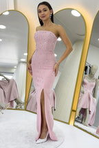 Kadın Pudra Straplez Taş işlemeli Yırtmaçlı Abiye Elbise 