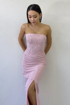 Kadın Pudra Straplez Taş işlemeli Yırtmaçlı Abiye Elbise 