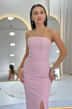 Kadın Pudra Straplez Taş işlemeli Yırtmaçlı Abiye Elbise 