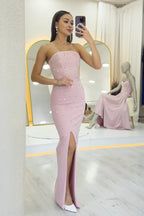 Kadın Pudra Straplez Taş işlemeli Yırtmaçlı Abiye Elbise 