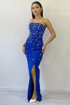 Kadın Saks Mavi  Straplez Taş işlemeli Yırtmaçlı Abiye Elbise 