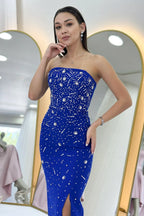 Kadın Saks Mavi  Straplez Taş işlemeli Yırtmaçlı Abiye Elbise 