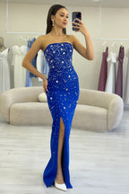 Kadın Saks Mavi  Straplez Taş işlemeli Yırtmaçlı Abiye Elbise 