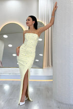 Kadın Sarı Straplez Taş işlemeli Yırtmaçlı Abiye Elbise 