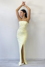 Kadın Sarı Straplez Taş işlemeli Yırtmaçlı Abiye Elbise 