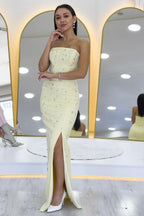 Kadın Sarı Straplez Taş işlemeli Yırtmaçlı Abiye Elbise 