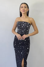 Kadın Siyah Straplez Taş işlemeli Yırtmaçlı Abiye Elbise