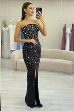 Kadın Siyah Straplez Taş işlemeli Yırtmaçlı Abiye Elbise