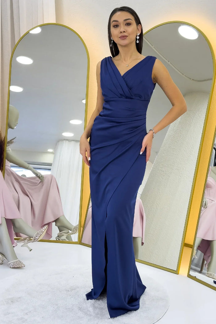 Lacivert Kalın Askılı Drapeli Saten Kruvaze Yaka Abiye Elbise