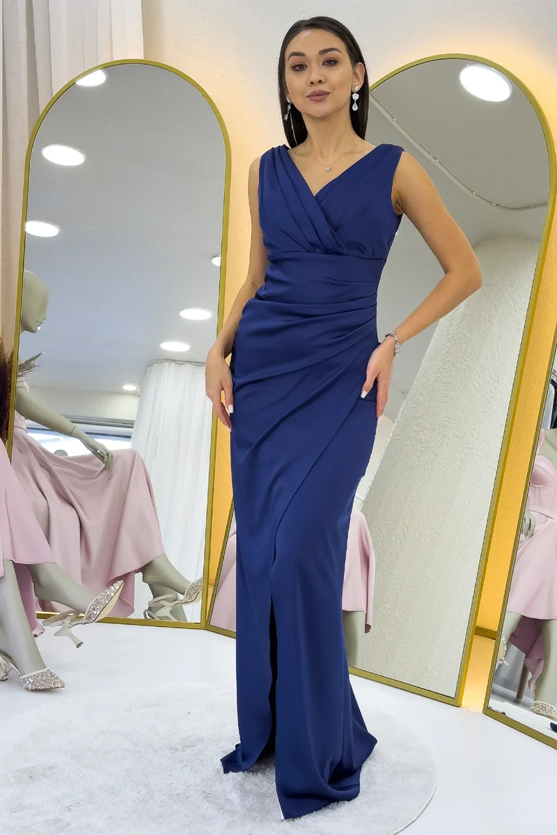 Lacivert Kalın Askılı Drapeli Saten Kruvaze Yaka Abiye Elbise