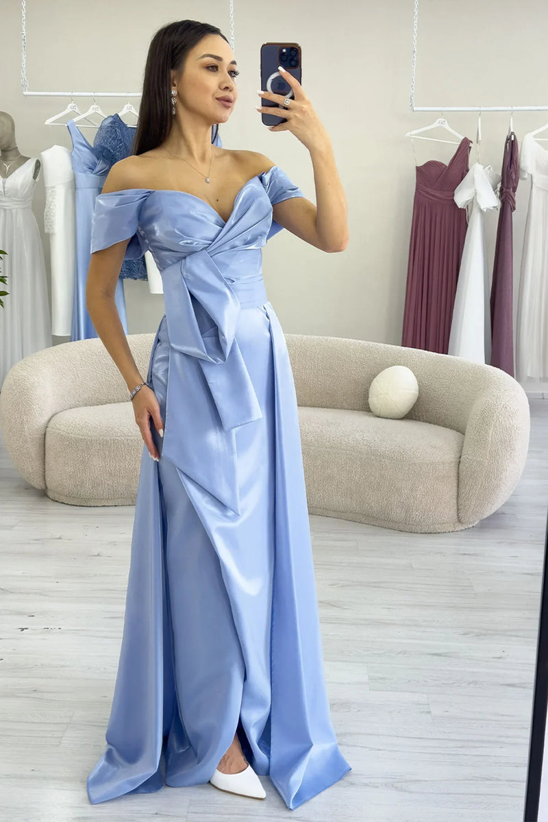 Bebe Mavi Düşük Omuz Fiyonk Detay Kuyruklu Abiye Elbise 