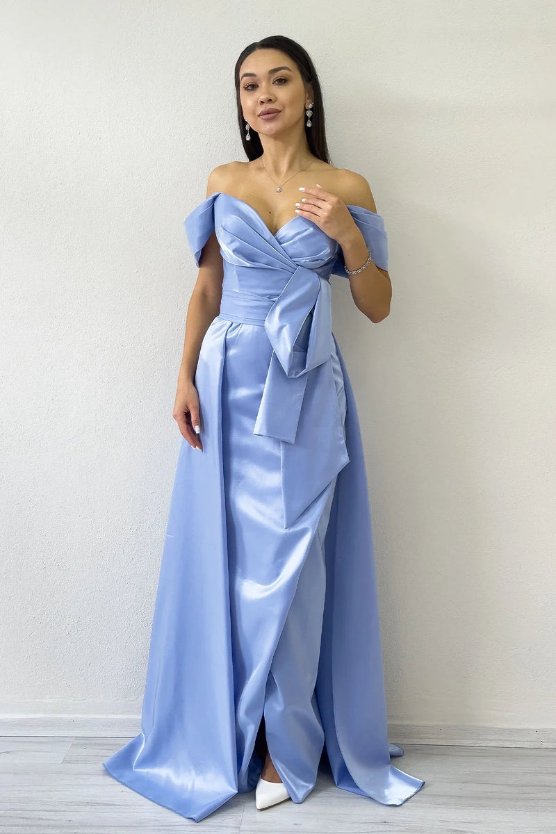 Bebe Mavi Düşük Omuz Fiyonk Detay Kuyruklu Abiye Elbise 