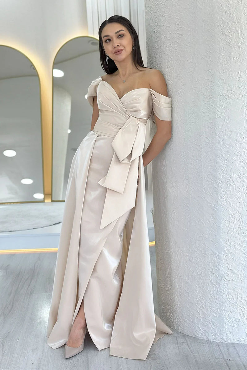 Bej Düşük Omuz Fiyonk Detay Kuyruklu Abiye Elbise 