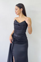 Siyah Straplez Drapeli Tasarım Saten Abiye Elbise