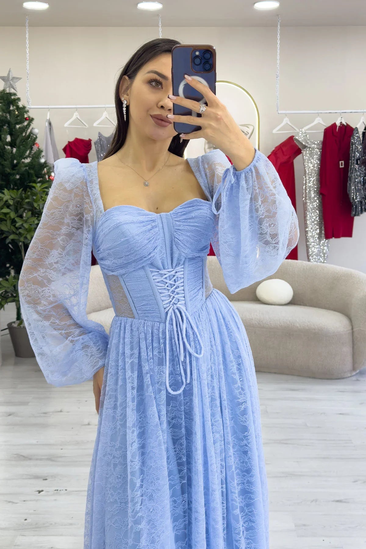 Bebe Mavi Dantel Kumaş Korse Detaylı Uzun Yırtmaçlı Abiye Elbise