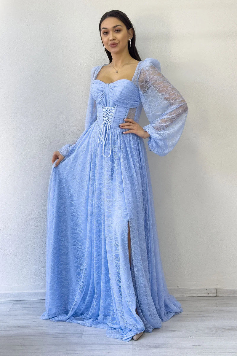 Bebe Mavi Dantel Kumaş Korse Detaylı Uzun Yırtmaçlı Abiye Elbise