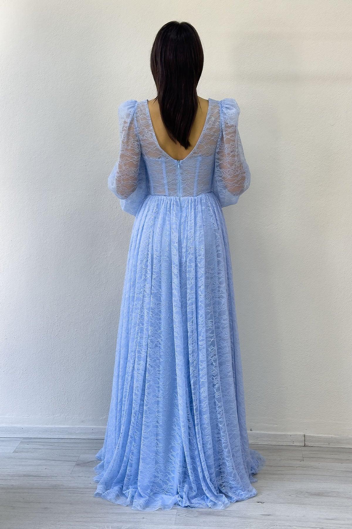 Bebe Mavi Dantel Kumaş Korse Detaylı Uzun Yırtmaçlı Abiye Elbise