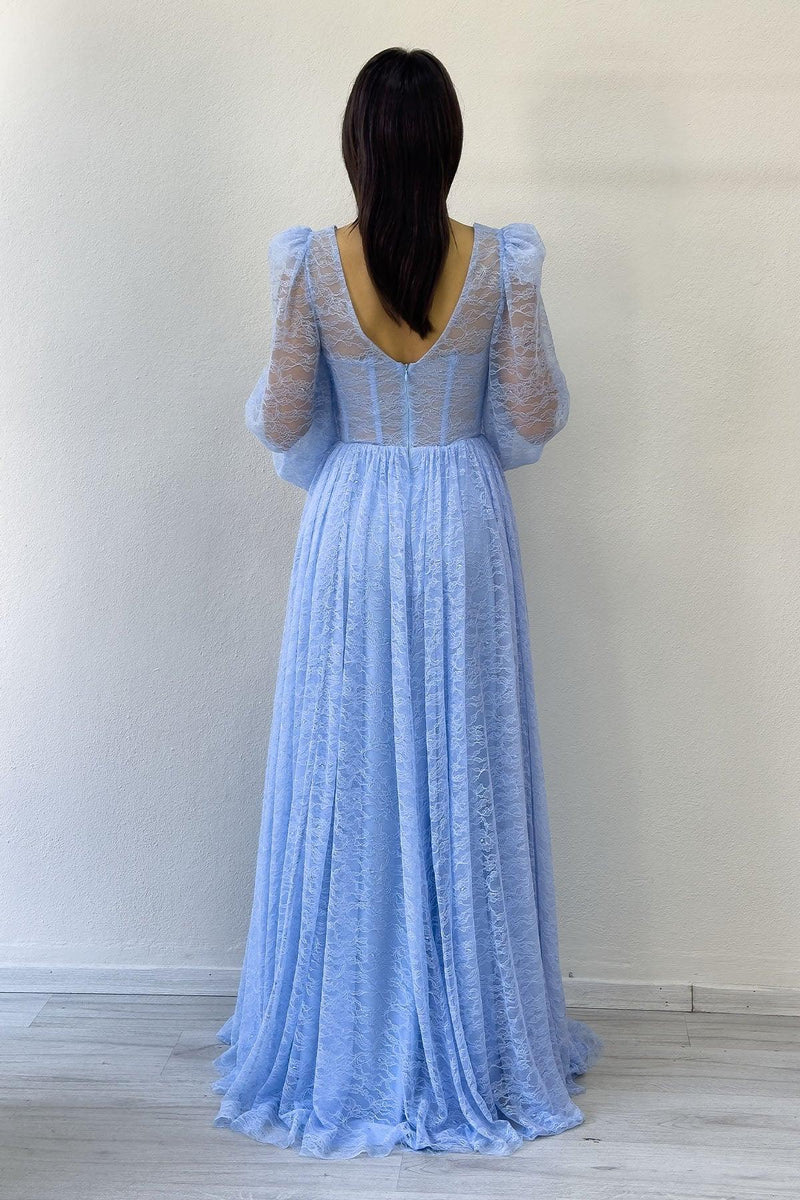 Bebe Mavi Dantel Kumaş Korse Detaylı Uzun Yırtmaçlı Abiye Elbise