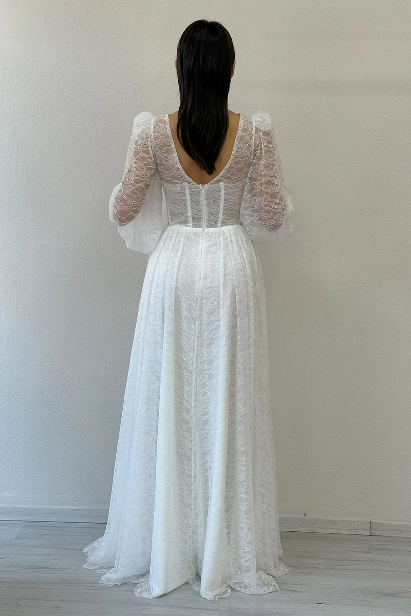 Beyaz Dantel Kumaş Korse Detaylı Uzun Yırtmaçlı Abiye Elbise