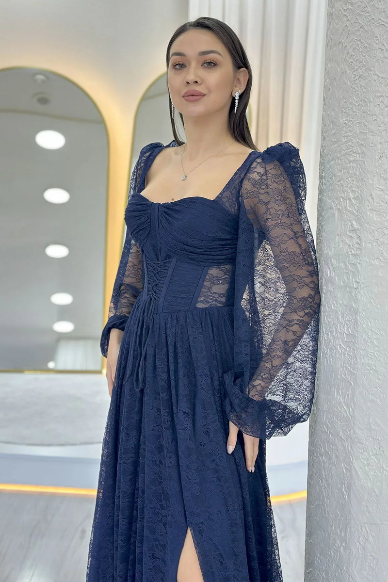 Lacivert Dantel Kumaş Korse Detaylı Uzun Yırtmaçlı Abiye Elbise