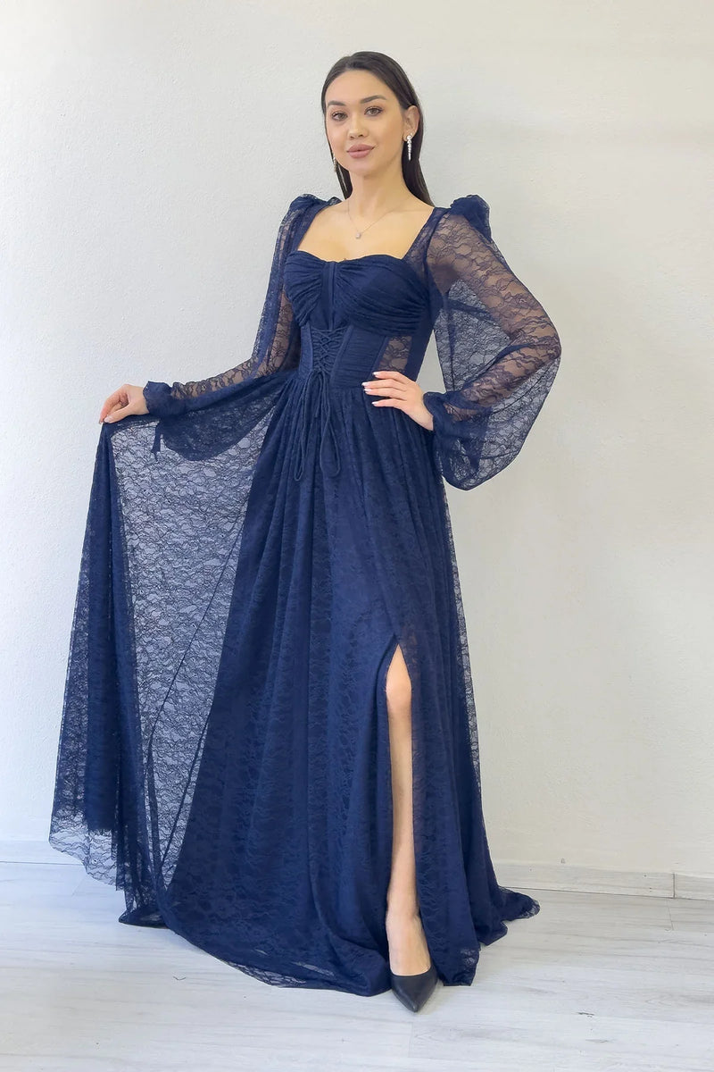 Lacivert Dantel Kumaş Korse Detaylı Uzun Yırtmaçlı Abiye Elbise