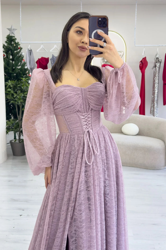Pudra Dantel Kumaş Korse Detaylı Uzun Yırtmaçlı Abiye Elbise