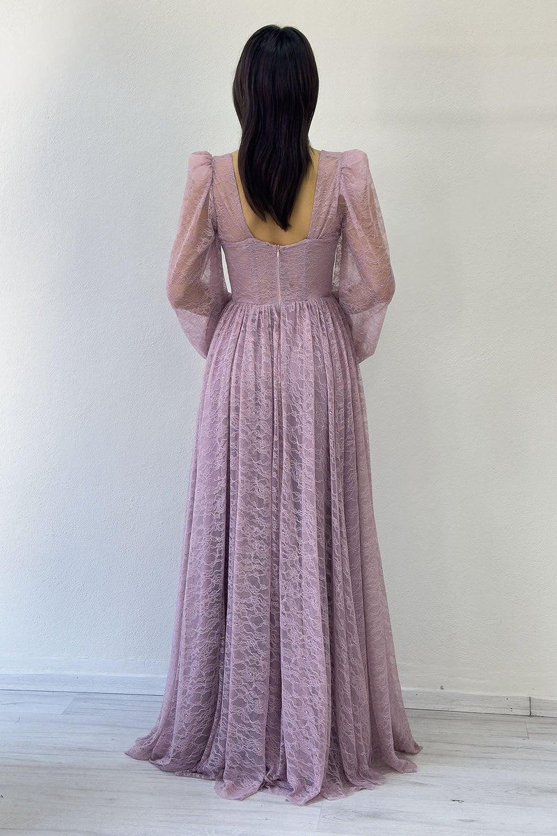 Pudra Dantel Kumaş Korse Detaylı Uzun Yırtmaçlı Abiye Elbise