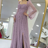 Pudra Dantel Kumaş Korse Detaylı Uzun Yırtmaçlı Abiye Elbise