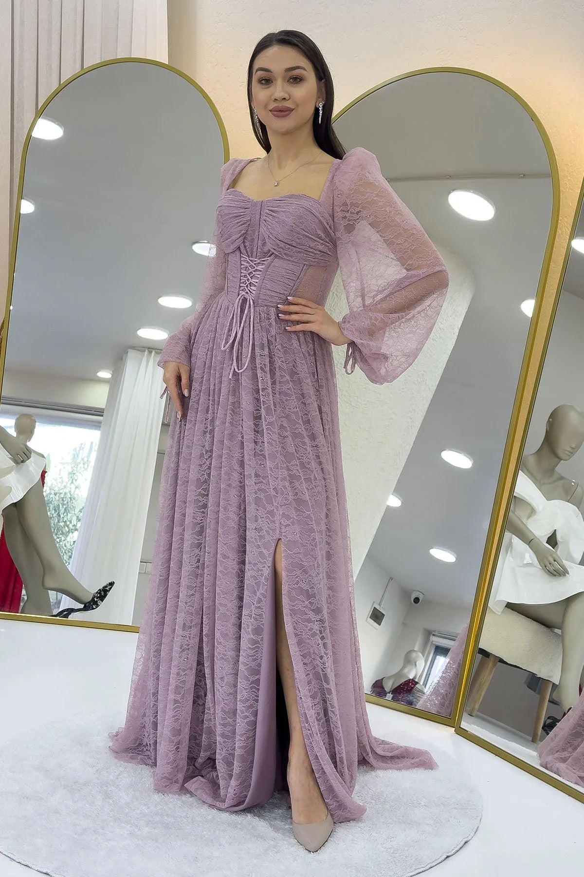 Pudra Dantel Kumaş Korse Detaylı Uzun Yırtmaçlı Abiye Elbise