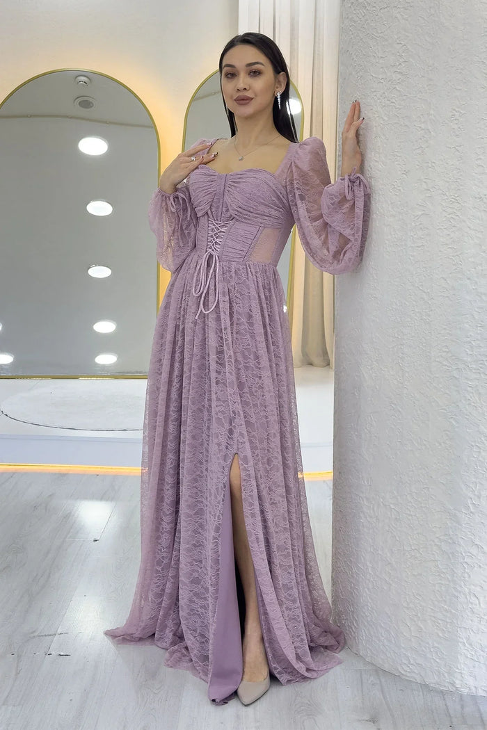 Pudra Dantel Kumaş Korse Detaylı Uzun Yırtmaçlı Abiye Elbise