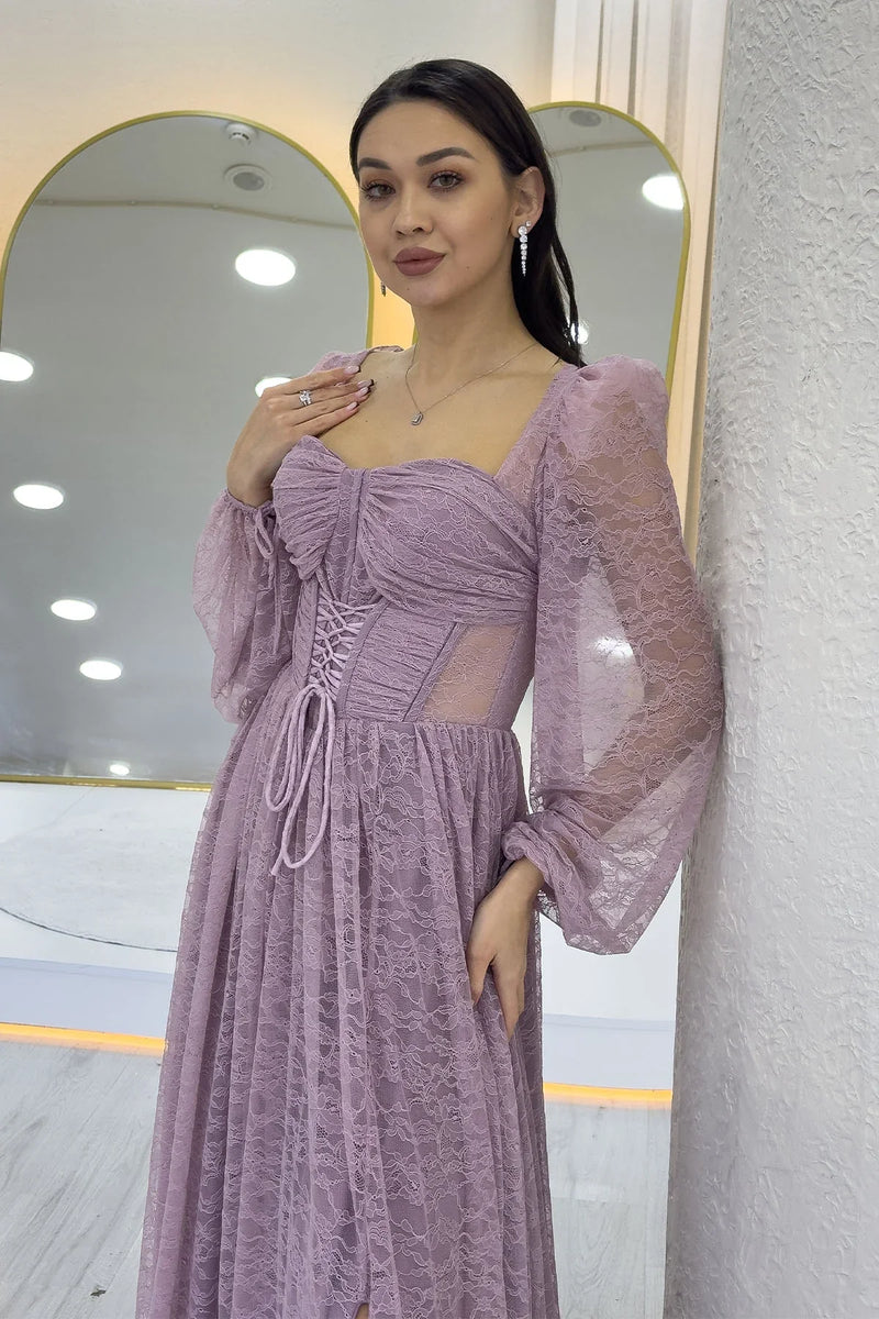 Pudra Dantel Kumaş Korse Detaylı Uzun Yırtmaçlı Abiye Elbise