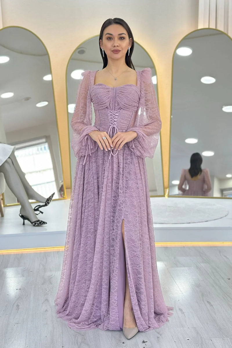 Pudra Dantel Kumaş Korse Detaylı Uzun Yırtmaçlı Abiye Elbise