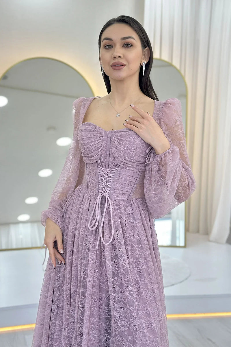 Pudra Dantel Kumaş Korse Detaylı Uzun Yırtmaçlı Abiye Elbise