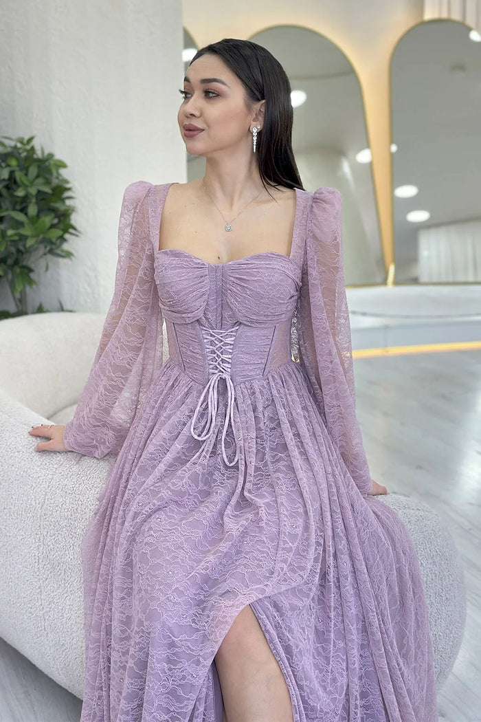 Pudra Dantel Kumaş Korse Detaylı Uzun Yırtmaçlı Abiye Elbise