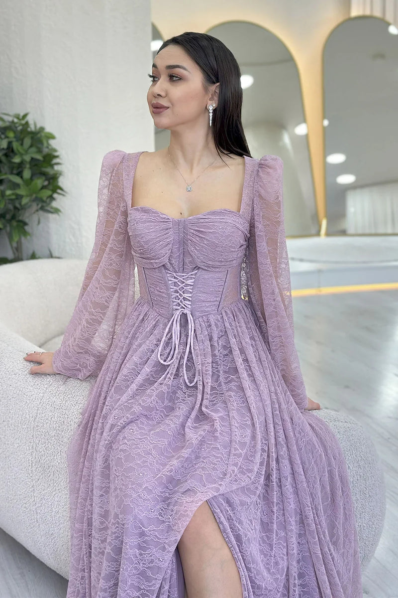 Pudra Dantel Kumaş Korse Detaylı Uzun Yırtmaçlı Abiye Elbise