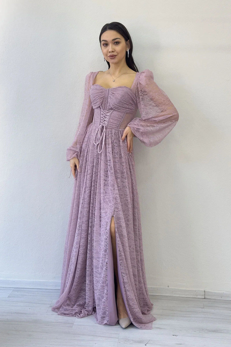Pudra Dantel Kumaş Korse Detaylı Uzun Yırtmaçlı Abiye Elbise