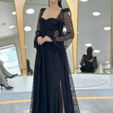 Siyah Dantel Kumaş Korse Detaylı Uzun Yırtmaçlı Abiye Elbise