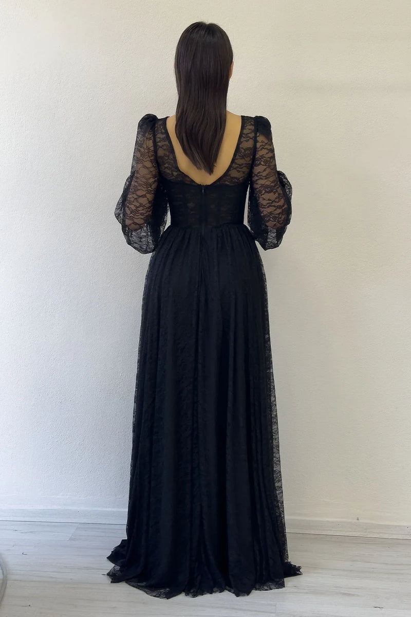 Siyah Dantel Kumaş Korse Detaylı Uzun Yırtmaçlı Abiye Elbise