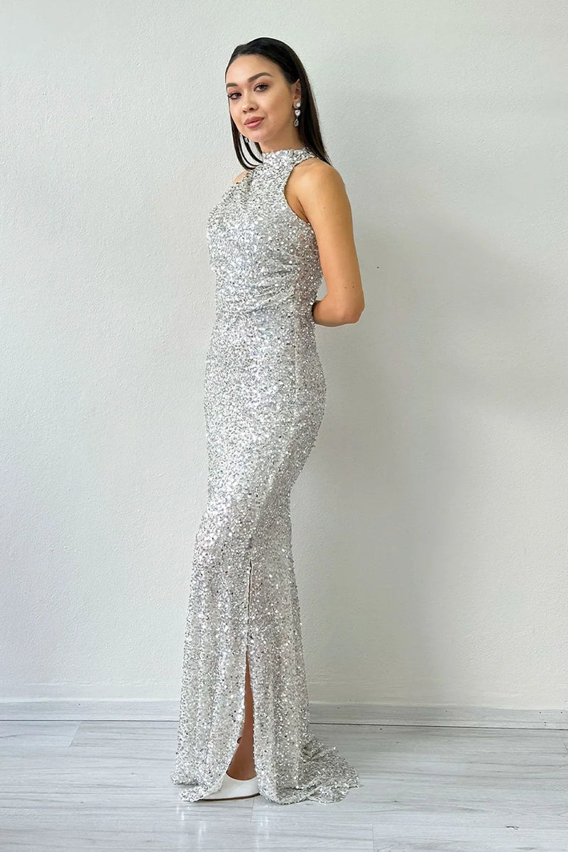 Bej Halter Yaka Pul Payet Kuyruklu Abiye Elbise 