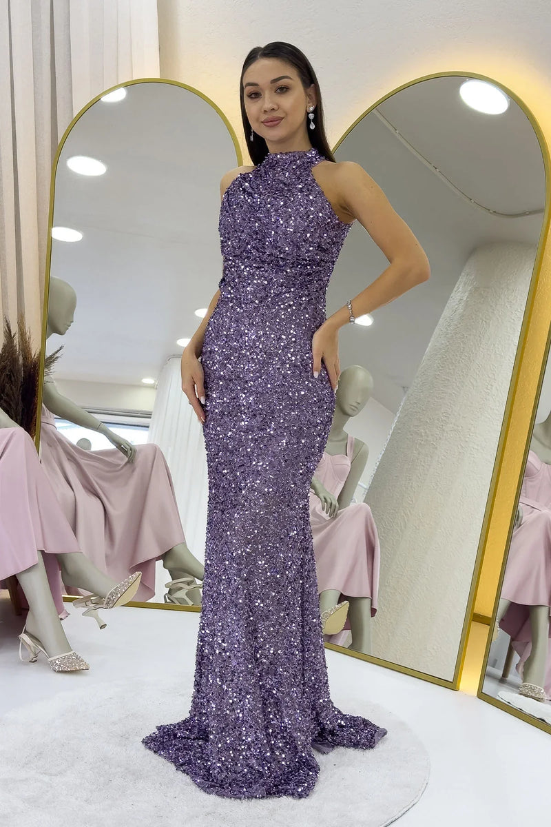 Koyu Lila Halter Yaka Pul Payet Kuyruklu Abiye Elbise 