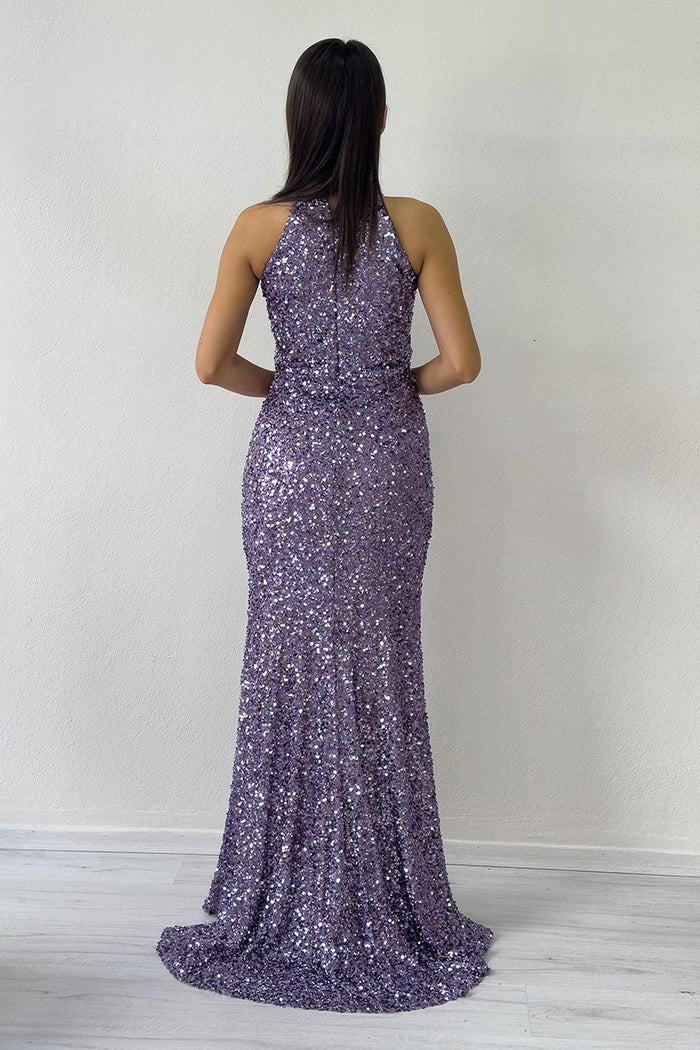 Koyu Lila Halter Yaka Pul Payet Kuyruklu Abiye Elbise 