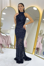 Lacivert Halter Yaka Pul Payet Kuyruklu Abiye Elbise 